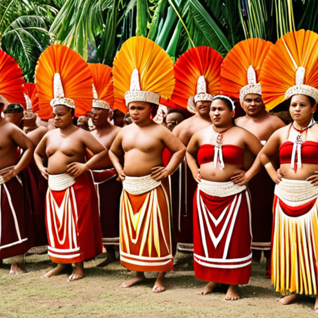 **A vibrant photograph capturing a traditional Samoan or Tongan ceremony.** The image should showcase people in traditional attire, elaborate decorations, and rhythmic dancing, embodying the spirit of community and the importance of rituals. Focus on warm colors and the dynamism of the movements.