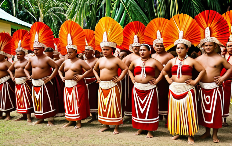**A vibrant photograph capturing a traditional Samoan or Tongan ceremony.** The image should showcase people in traditional attire, elaborate decorations, and rhythmic dancing, embodying the spirit of community and the importance of rituals. Focus on warm colors and the dynamism of the movements.