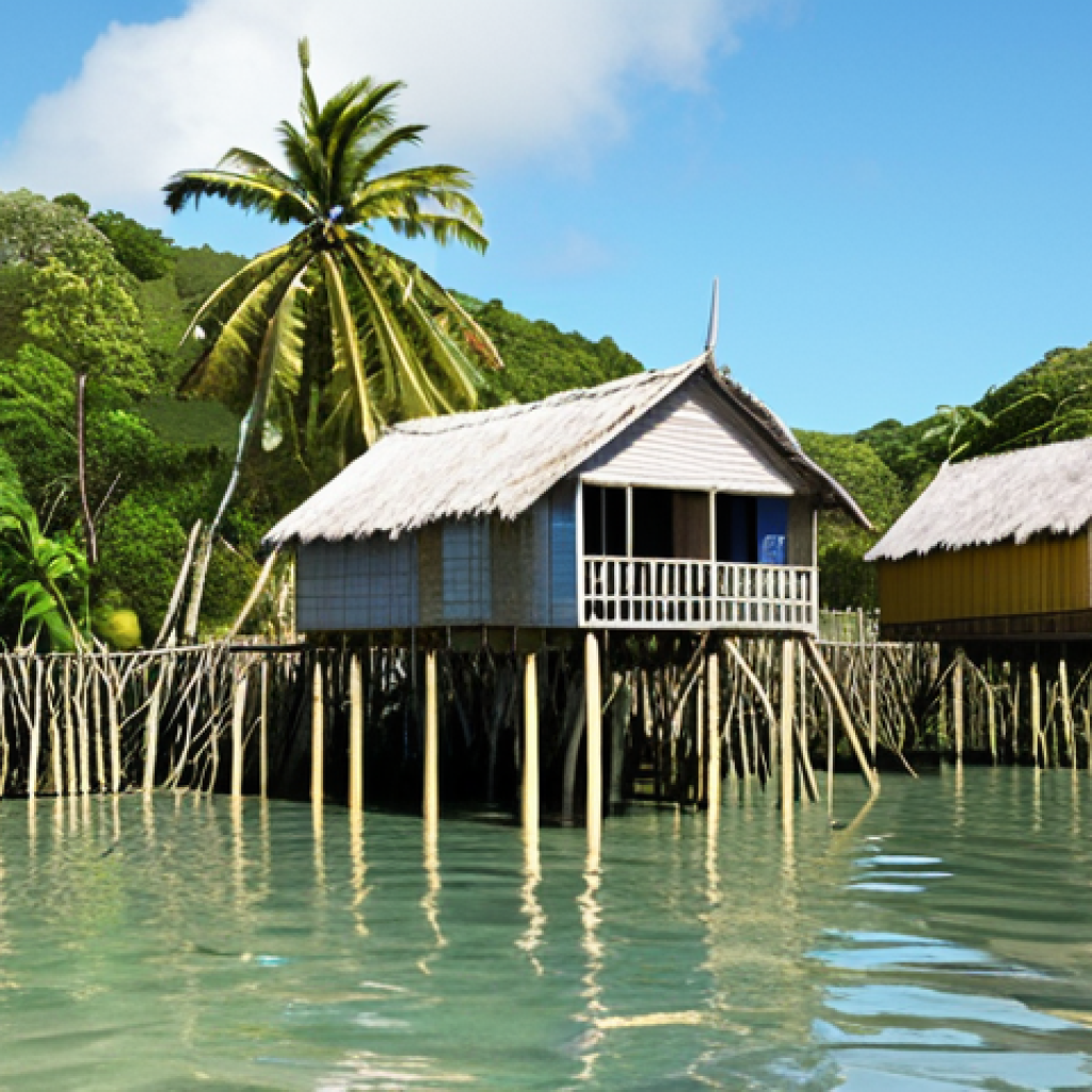 **Image Prompt:** A vibrant depiction of a Tongan coastal village adapting to rising sea levels. Show traditional houses elevated on stilts, resilient farming techniques like drought-resistant crops, and community members working together to reinforce a natural mangrove barrier. Include elements of traditional Tongan knowledge being passed down through generations.