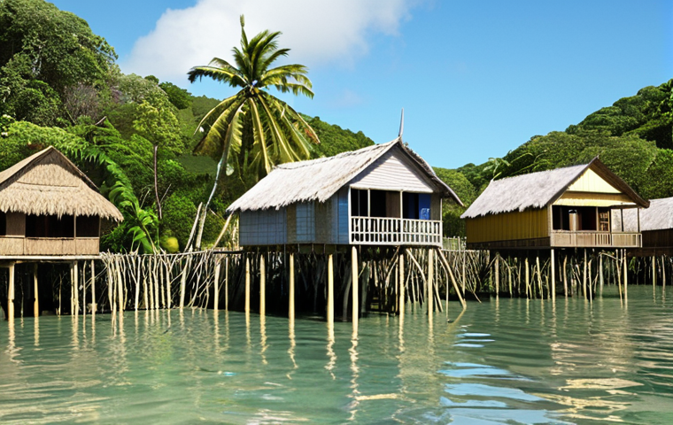 **Image Prompt:** A vibrant depiction of a Tongan coastal village adapting to rising sea levels. Show traditional houses elevated on stilts, resilient farming techniques like drought-resistant crops, and community members working together to reinforce a natural mangrove barrier. Include elements of traditional Tongan knowledge being passed down through generations.