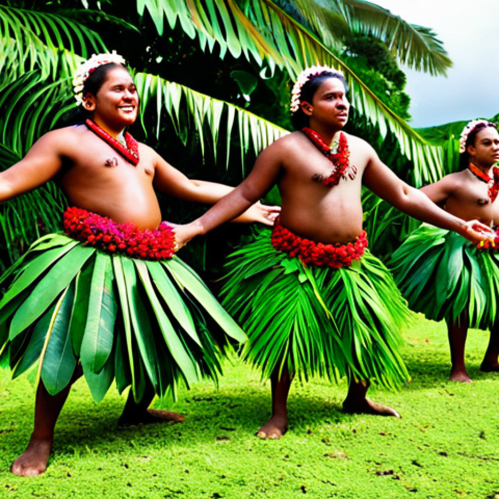 **
"A group of Fijian dancers performing a traditional 'meke' dance, fully clothed in vibrant costumes made of leaves and flowers, performing outdoors during the day. Safe for work, appropriate content, perfect anatomy, well-formed hands, natural pose, professional photography, high quality, modest clothing, family-friendly."
**