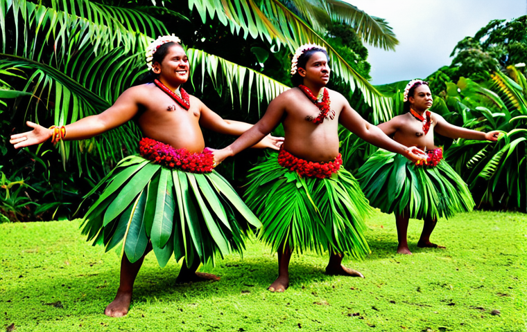 **

"A group of Fijian dancers performing a traditional 'meke' dance, fully clothed in vibrant costumes made of leaves and flowers, performing outdoors during the day. Safe for work, appropriate content, perfect anatomy, well-formed hands, natural pose, professional photography, high quality, modest clothing, family-friendly."

**