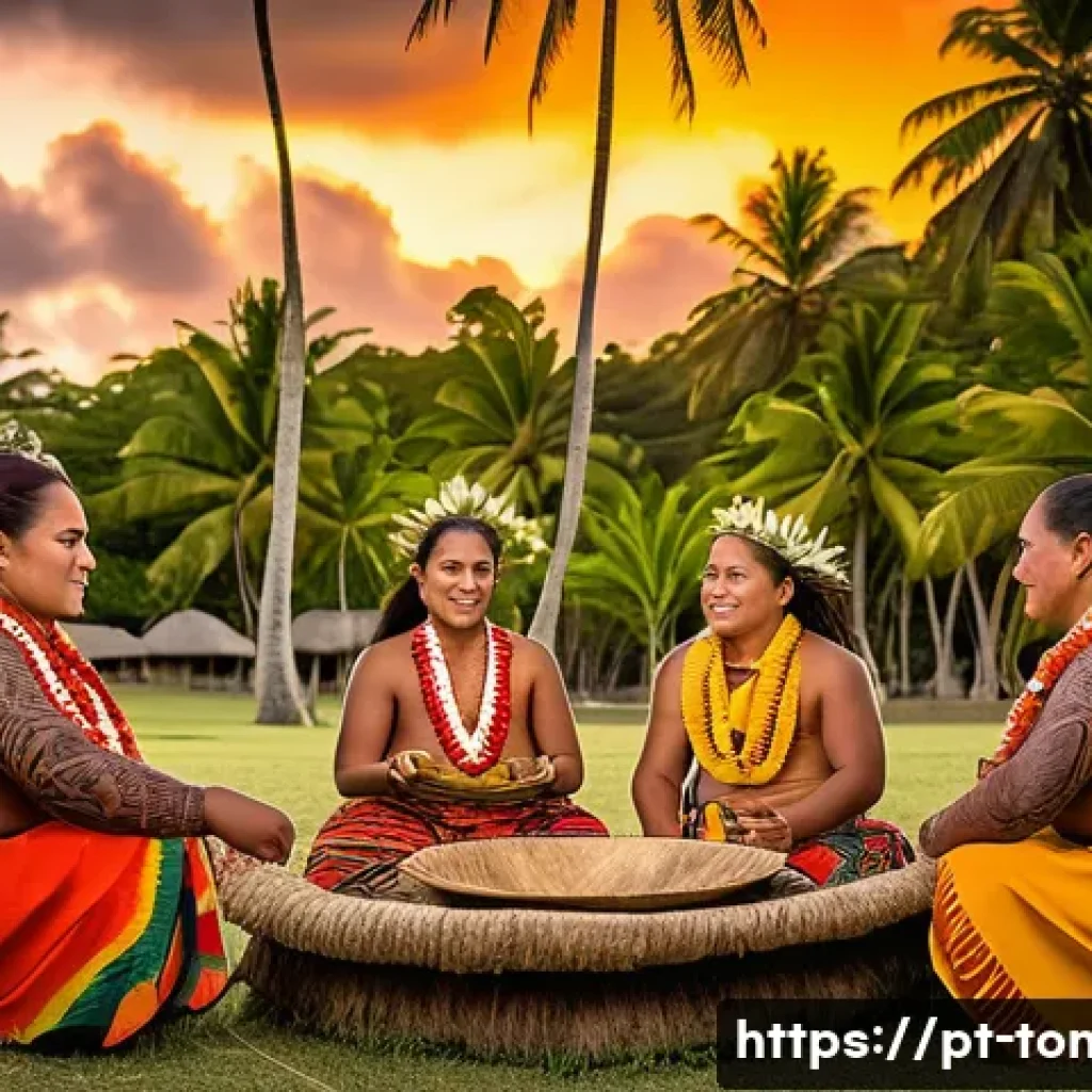 통가와 폴리네시아 문화권 비교 - A vibrant traditional kava ceremony in Tonga featuring men and women dressed in colorful island atti...