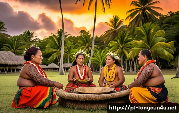 통가와 폴리네시아 문화권 비교 - A vibrant traditional kava ceremony in Tonga featuring men and women dressed in colorful island atti...