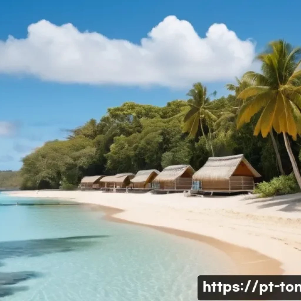 통가 해변에서 주의할 점 - A serene beach scene in Tonga during the dry season, featuring crystal-clear turquoise waters with g...