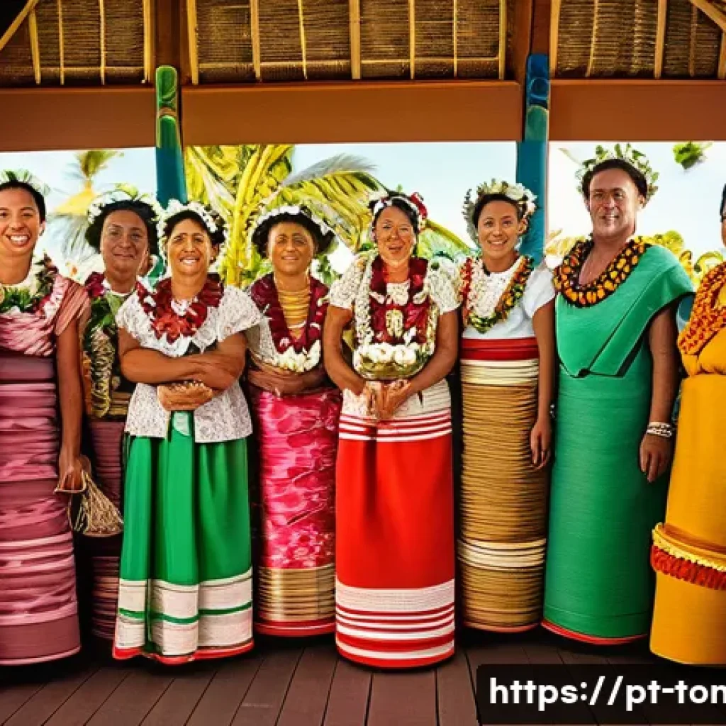 통가 결혼 문화 및 전통 - A vibrant Tongan wedding scene featuring the exchange of traditional gifts between extended families...