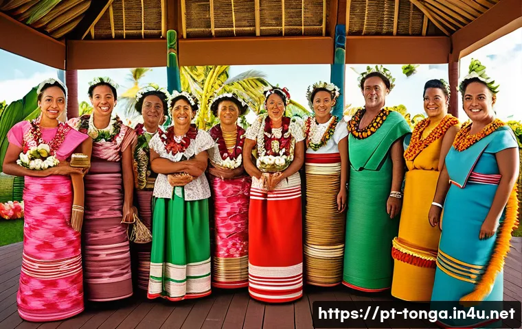 통가 결혼 문화 및 전통 - A vibrant Tongan wedding scene featuring the exchange of traditional gifts between extended families...