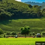 통가에서 축산업과 가축 관리 - A vibrant agroforestry farm in Tonga during a sunny day, showcasing rows of diverse crops interspers...