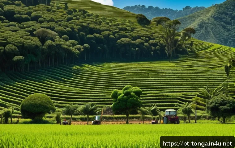 통가에서 축산업과 가축 관리 - A vibrant agroforestry farm in Tonga during a sunny day, showcasing rows of diverse crops interspers...
