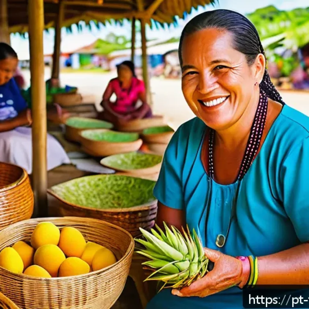 통가에서 추천하는 현지 시장 - A vibrant traditional Tonga market scene during a sunny morning, showcasing local artisans carefully...