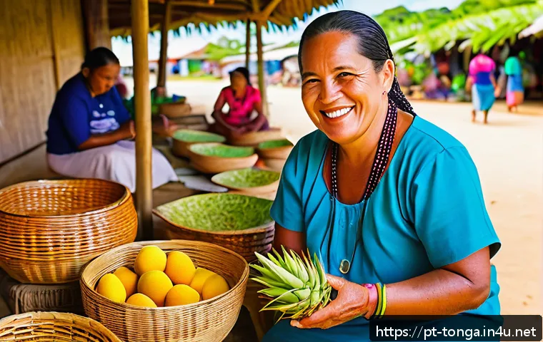 통가에서 추천하는 현지 시장 - A vibrant traditional Tonga market scene during a sunny morning, showcasing local artisans carefully...