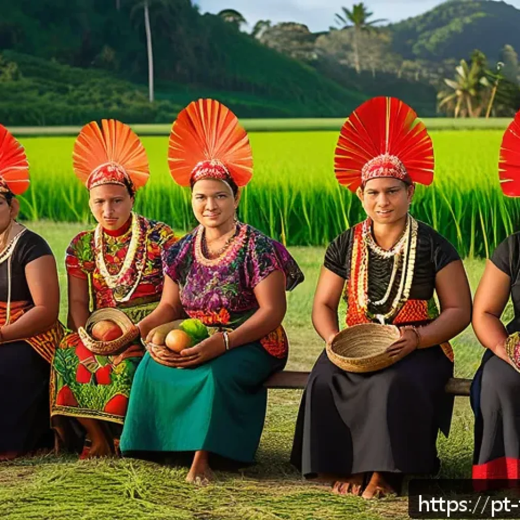 통가 원주민의 기원 - A vibrant scene depicting a traditional Tonga ritual preparing for planting season: a group of commu...