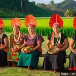 통가 원주민의 기원 - A vibrant scene depicting a traditional Tonga ritual preparing for planting season: a group of commu...