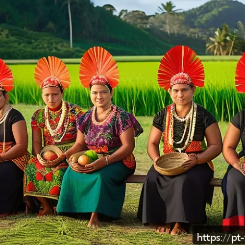 통가 원주민의 기원 - A vibrant scene depicting a traditional Tonga ritual preparing for planting season: a group of commu...