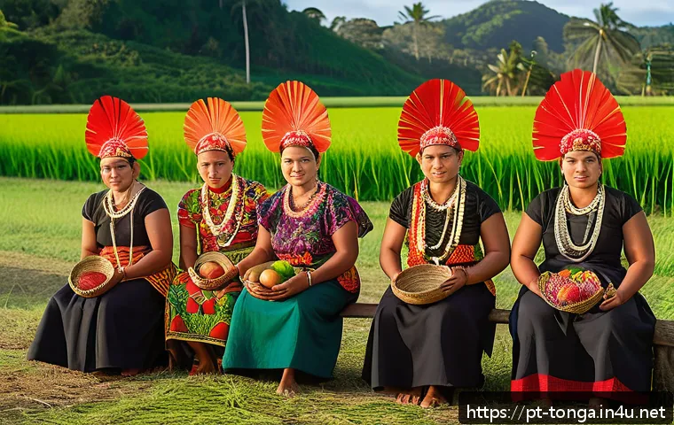 통가 원주민의 기원 - A vibrant scene depicting a traditional Tonga ritual preparing for planting season: a group of commu...