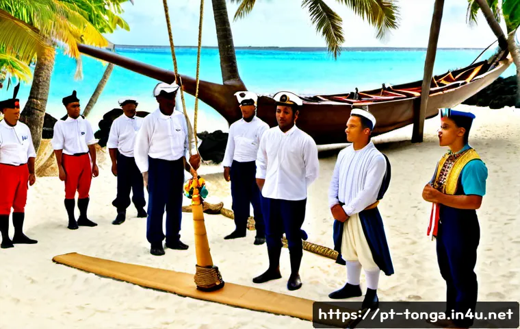 통가와 유럽 국가들의 역사적 교류 - Photorealistic historical reenactment of a late 18th-century cultural exchange on a tropical Tongan ...